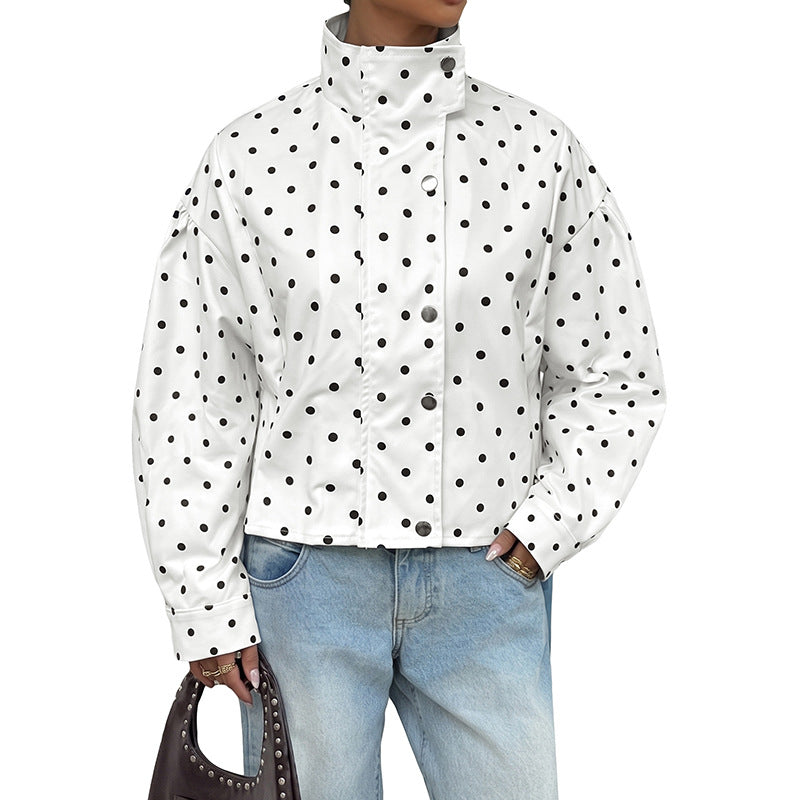 White Polka Dot Jacket with Zip Front and Snap Placket, Cropped