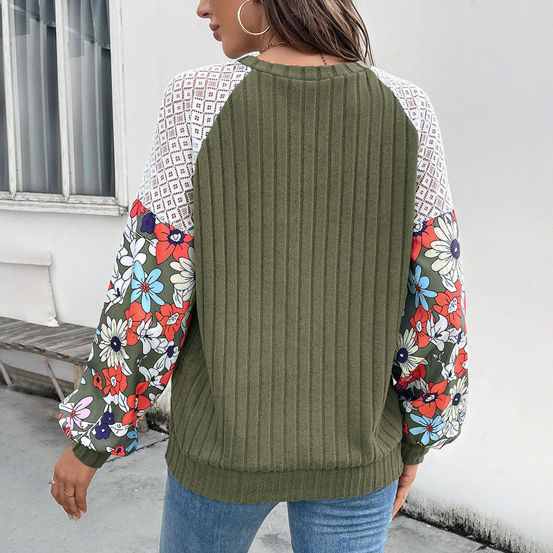 Ribbed Knit Top with Floral Sleeves and Lace Shoulders, Olive Green