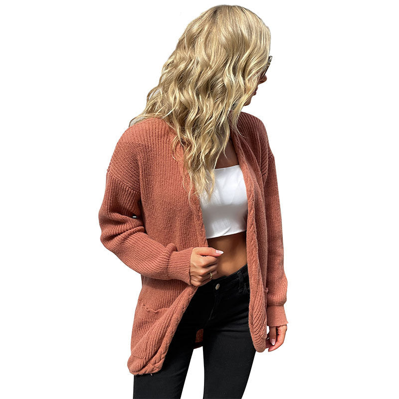 Brick Red Ribbed Cardigan with Pockets, Open Front, Longline Knit