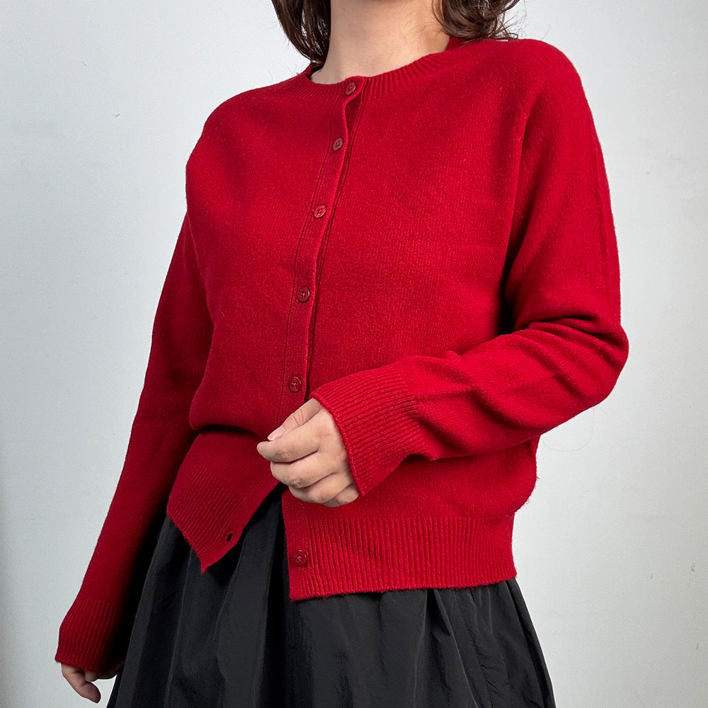 Red Fine Knit Cardigan with Crew Neck and Button Front, Raglan Sleeve