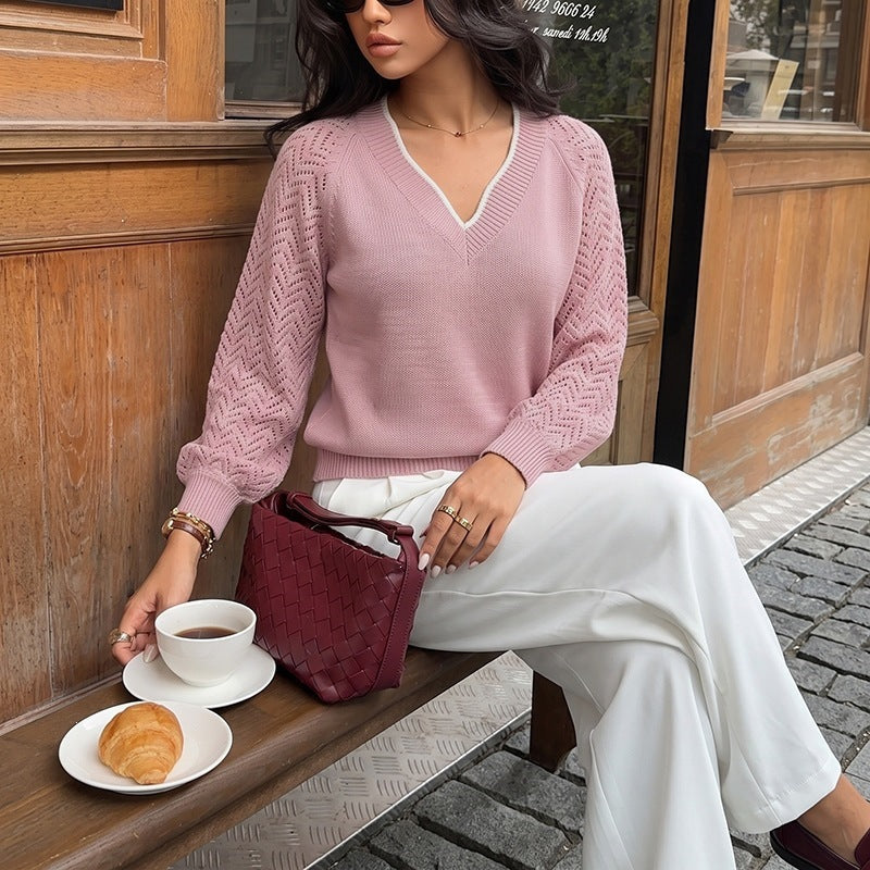 Pink V-Neck Sweater with Openwork Sleeves, White Trim, Women's Jumper