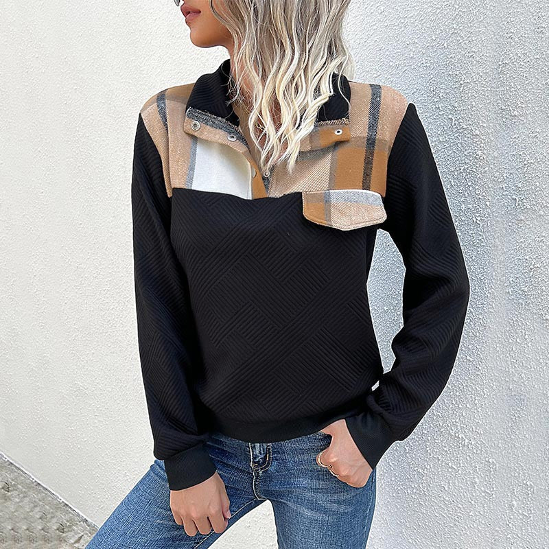 Plaid Yoke Sweatshirt with Snap Collar and Check Chest Flap