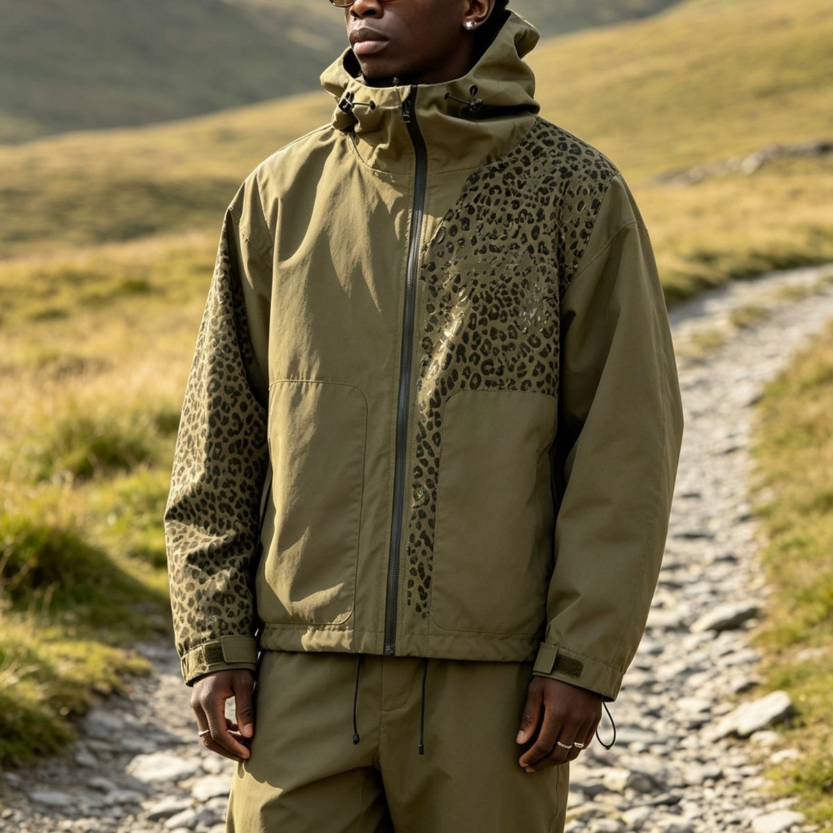 Men's Hooded Windbreaker Jacket with Leopard Print Panel, Zip Front