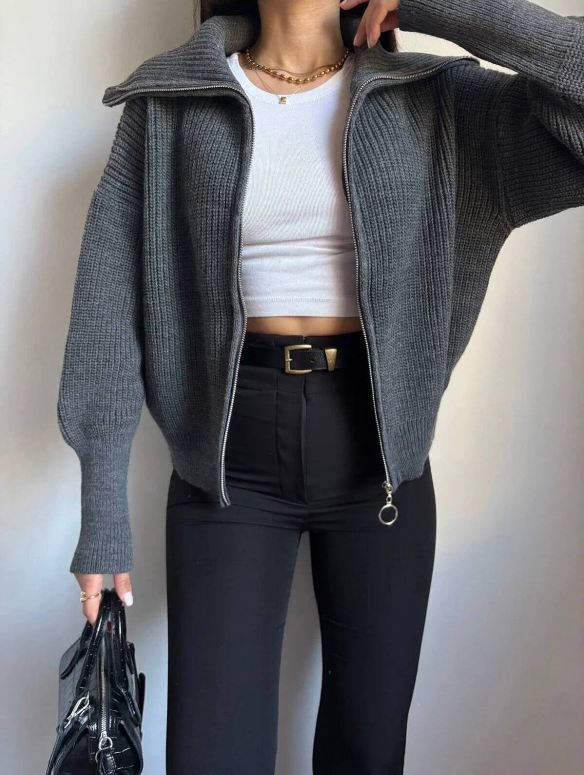 Zip-Up Rib Knit Cardigan with Oversized Collar, Cropped Fit