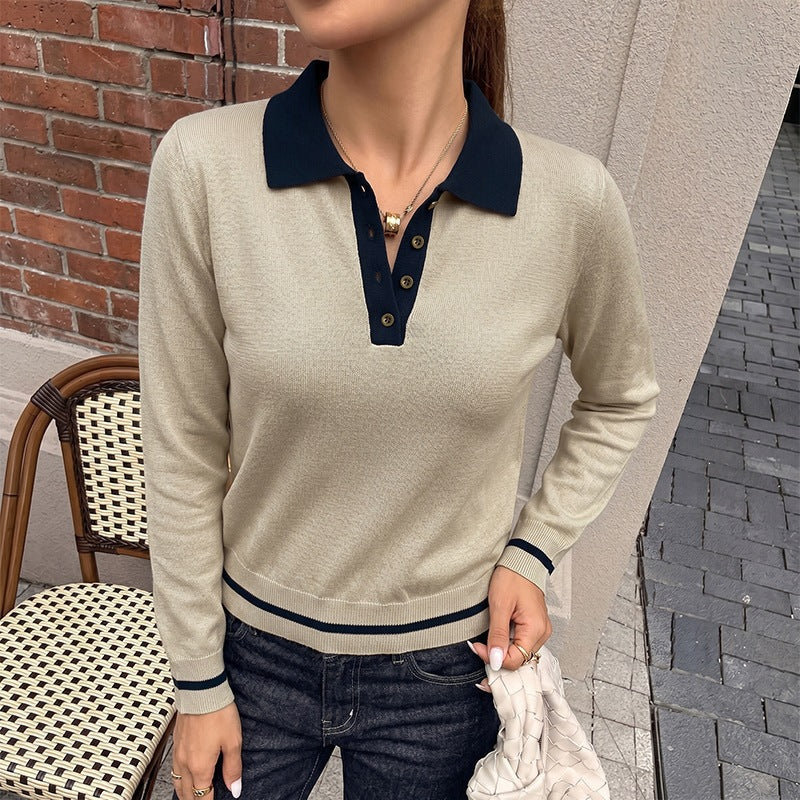 Light Khaki Polo Sweater with Navy Contrast Collar, Fine Knit Jumper