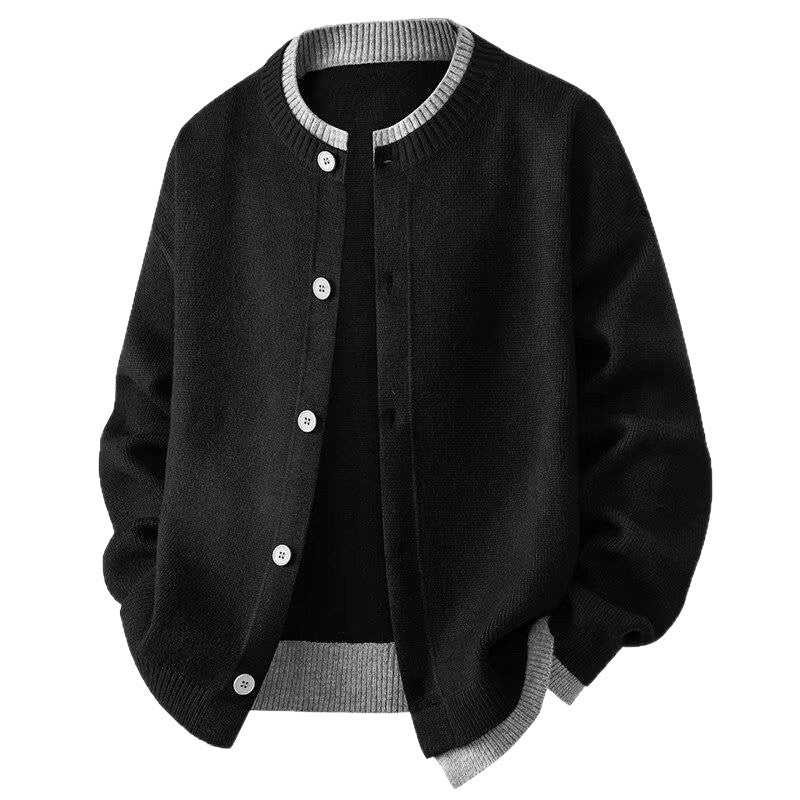Men's Knit Cardigan with Contrast Rib Trim, Crew Neck Button-Up