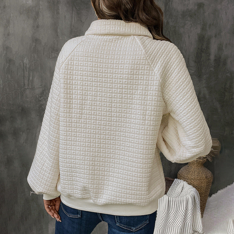 Collared Waffle Sweatshirt with Half Button Placket, Balloon Sleeves