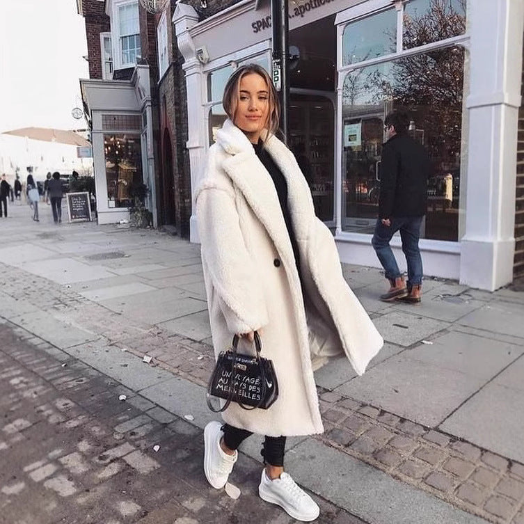 Oversized Teddy Coat with Notch Lapel, One-Button Longline Fleece