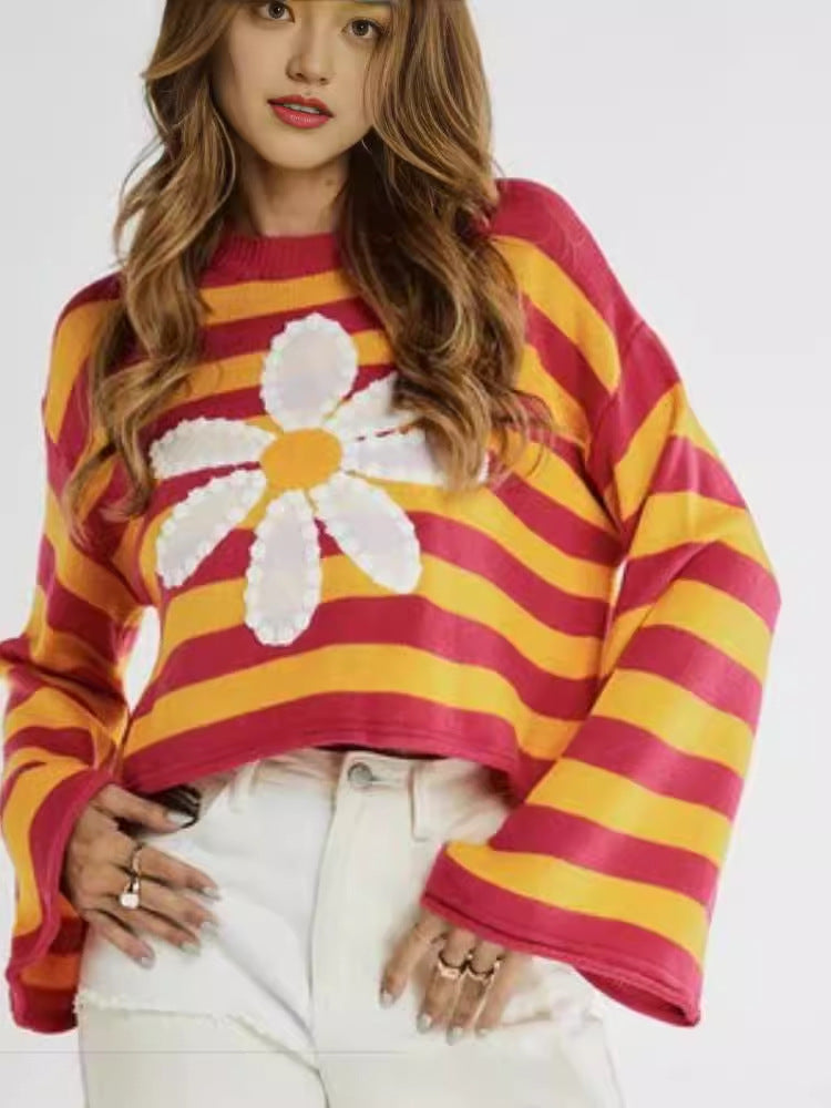Striped Daisy Sweater with Bell Sleeves, Cropped Women's Jumper