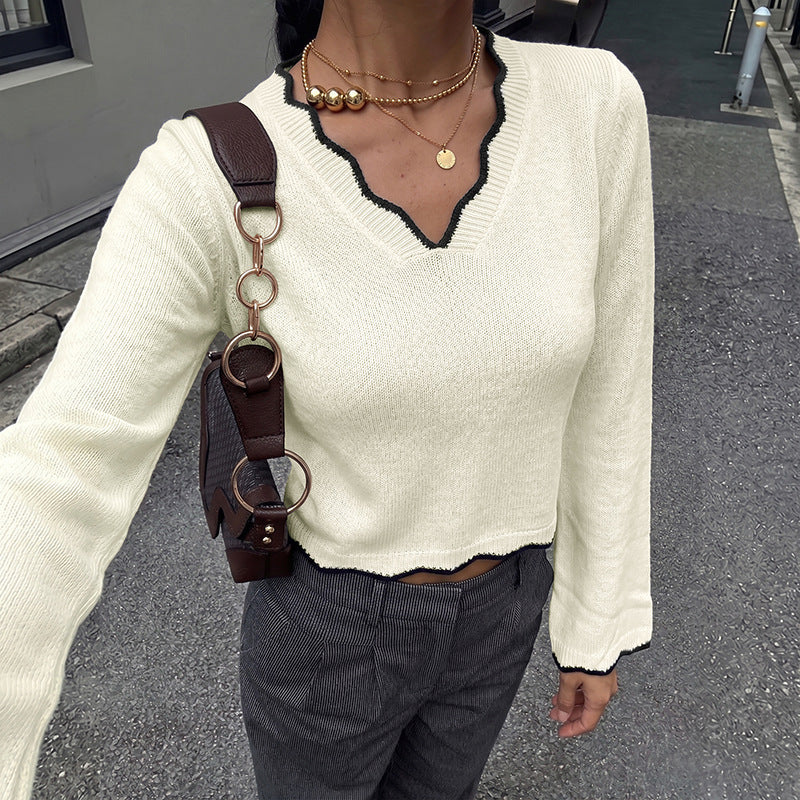 Off-White V-Neck Sweater with Black Scalloped Trim, Cropped Knit Top