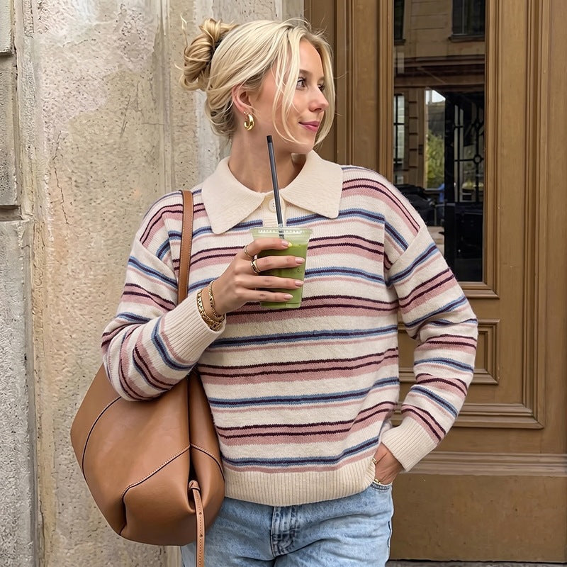 Striped Polo Collar Knit Sweater with Button Placket, Women's Jumper