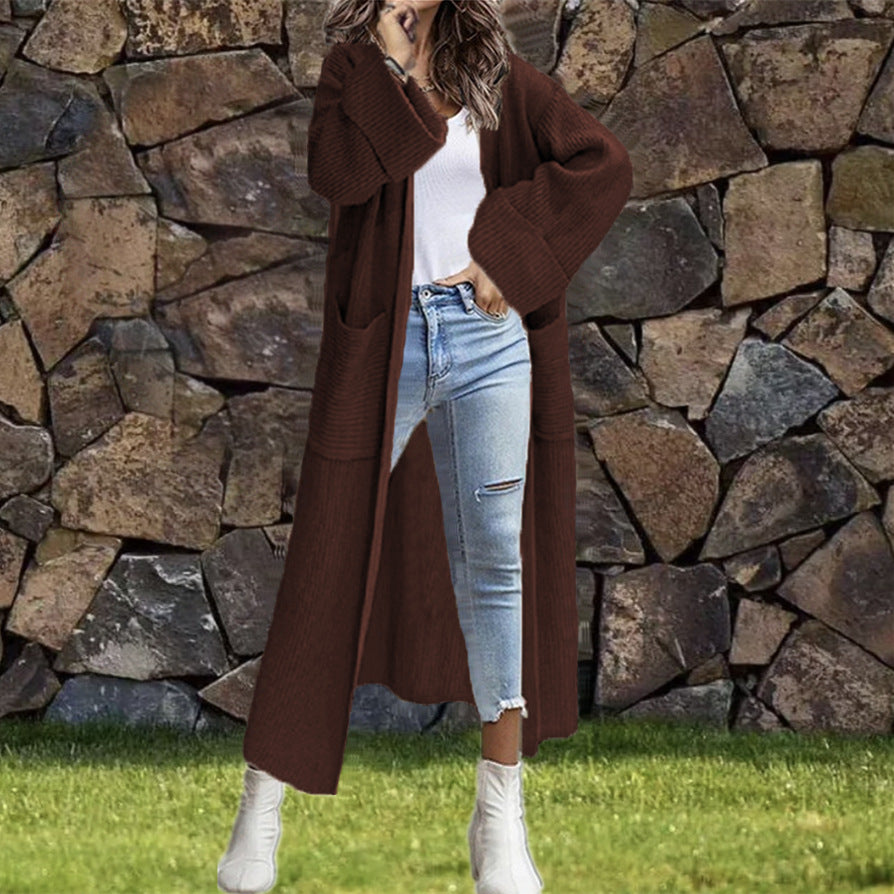 Maxi Knit Cardigan with Deep Patch Pockets and Turn-Up Cuffs