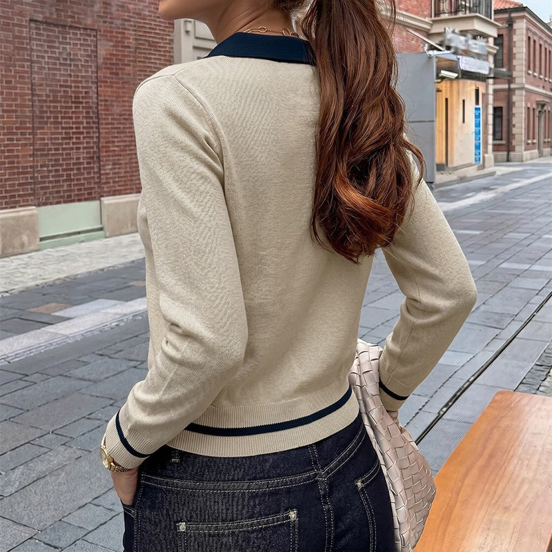 Light Khaki Polo Sweater with Navy Contrast Collar, Fine Knit Jumper