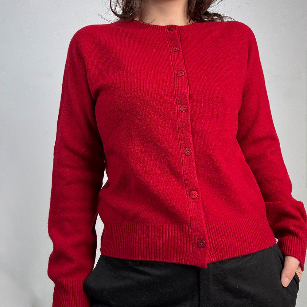 Red Fine Knit Cardigan with Crew Neck and Button Front, Raglan Sleeve