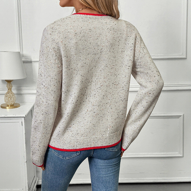Speckled Knit Cardigan with Heart Buttons and Contrast Trim, Crew Neck