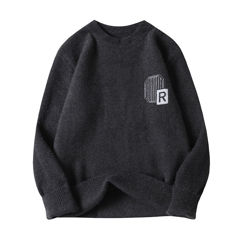 Fuzzy Knit Crew Neck Sweater with Chest Motif, Unisex Jumper