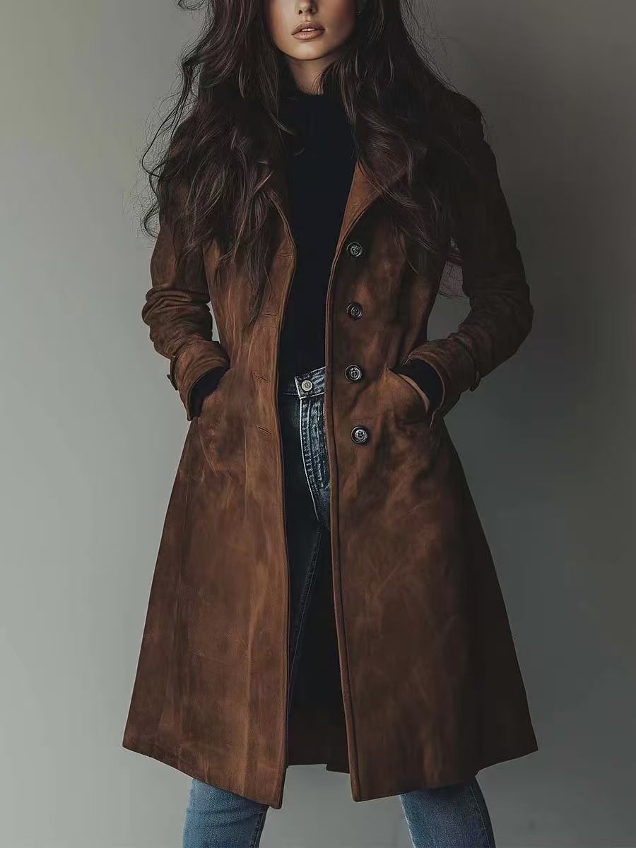 Suede-Effect Trench Coat for Women, Notch Lapel Single-Breasted