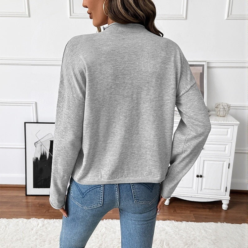 Grey Button-Front Knit Cardigan with Rolled Crew Neck, Fine Gauge