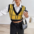 Plaid Sweater Vest with Black Ribbed V-Neck, Cropped Knit Tank Top