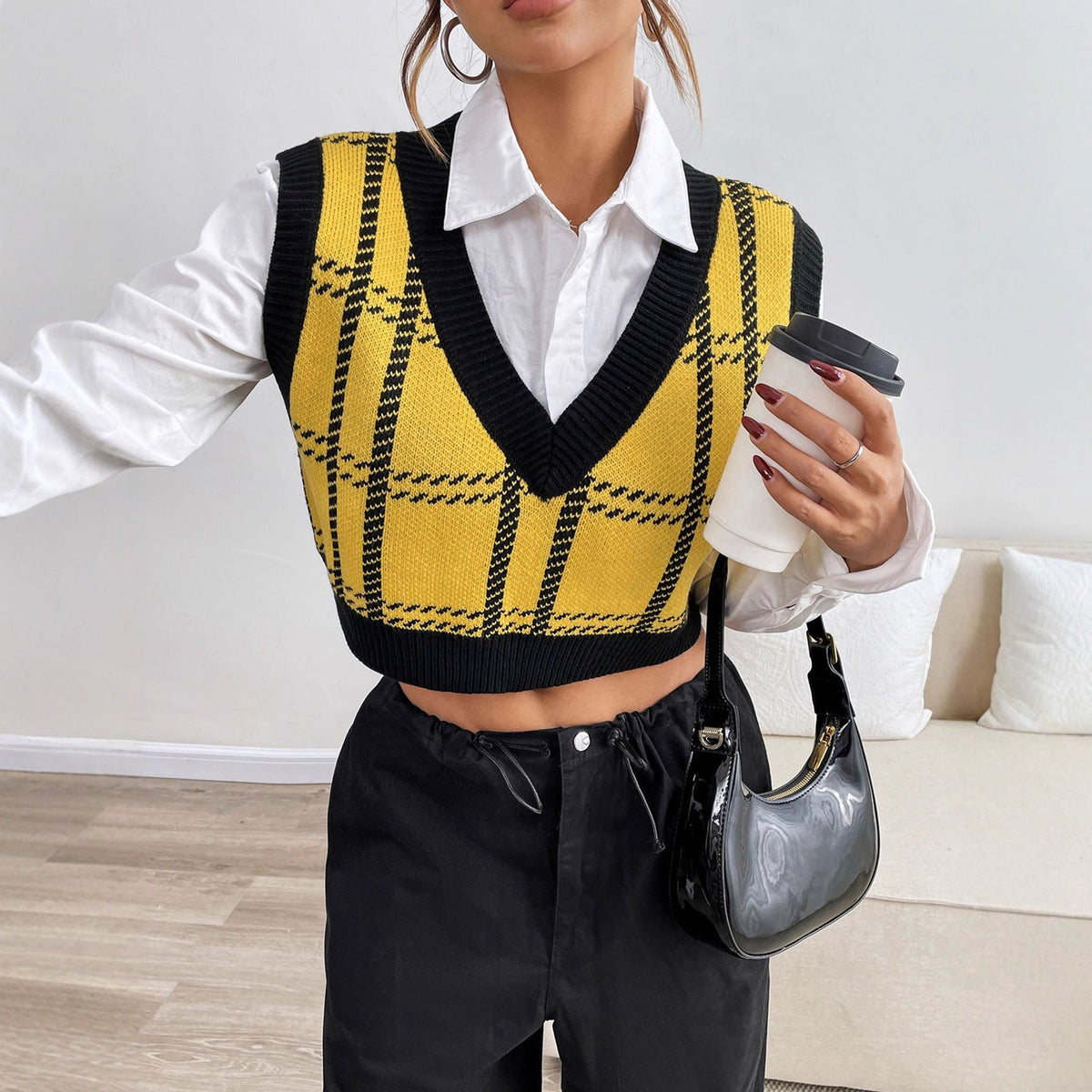 Plaid Sweater Vest with Black Ribbed V-Neck, Cropped Knit Tank Top