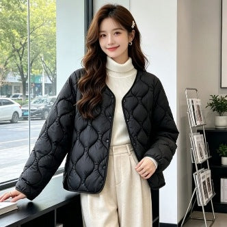 Lightweight Quilted Jacket with Press Studs, Collarless V-Neck