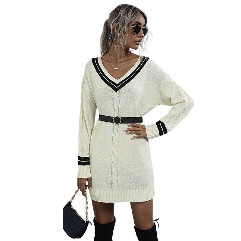 V-Neck Cable Knit Sweater Dress with Stripe Trim, Women's Jumper Dress