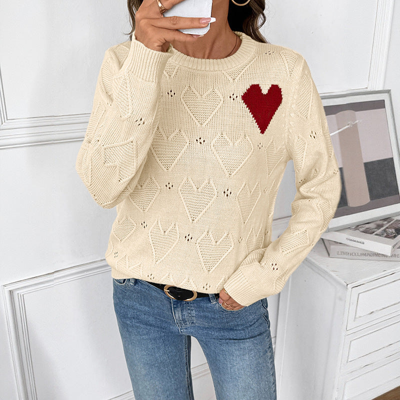 Apricot Heart Knit Sweater with Red Heart Motif, Women's Jumper