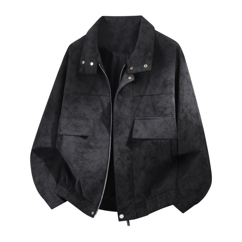 Oversized Suede-Look Jacket with Flap Pockets and Snap Collar