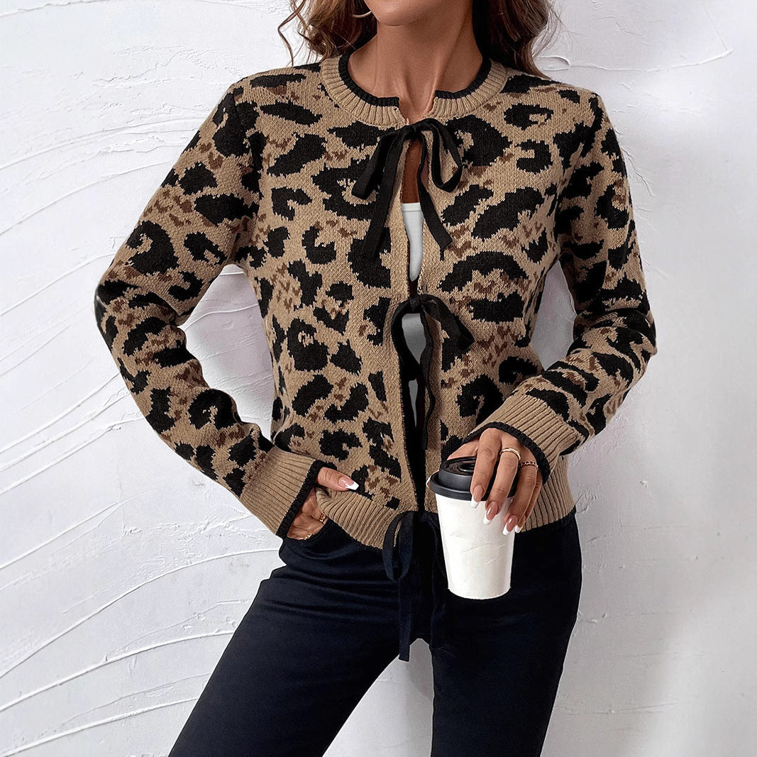 Leopard Jacquard Knit Cardigan with Bow Ties, Ribbed Crew Neck
