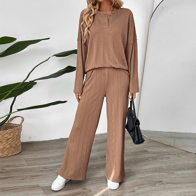 Knit Lounge Set with Henley Top and Wide-Leg Pants, Women's Trousers