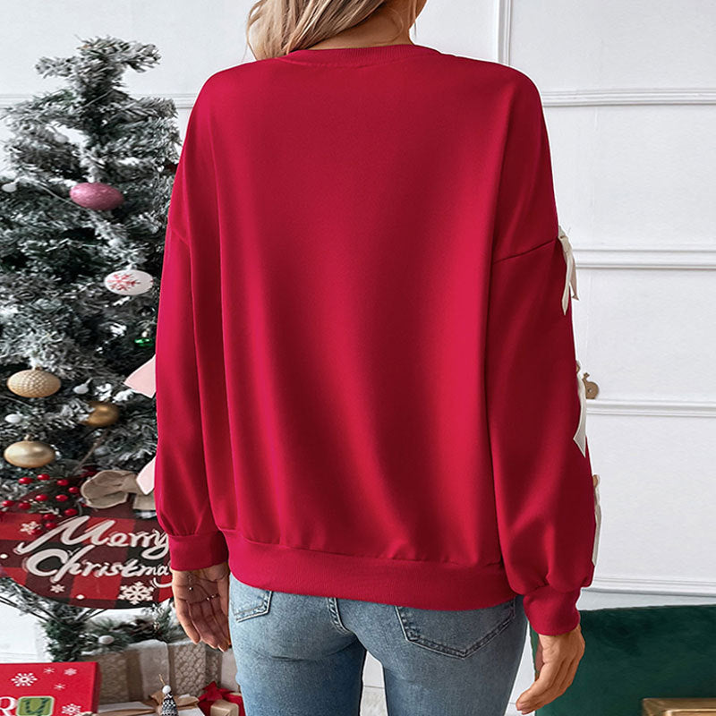 Bow Sleeve Sweatshirt with Satin Ribbon Bows, Women's Crew Neck