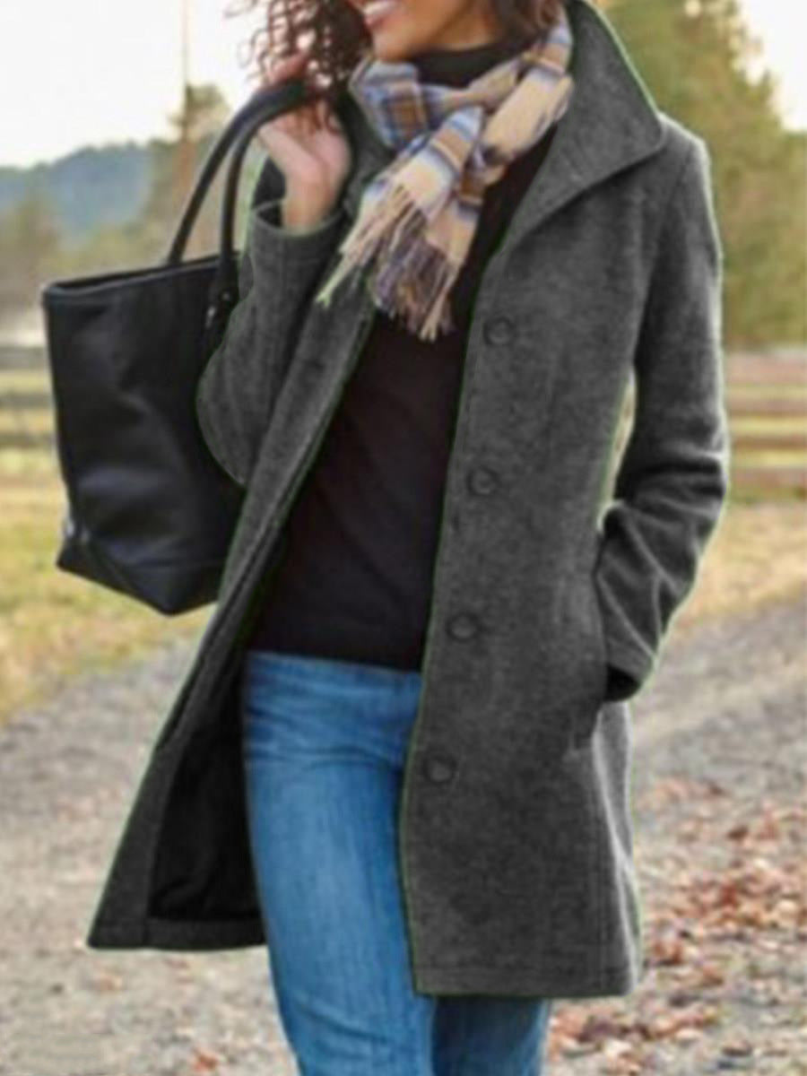 Mid-Length Single-Breasted Coat with Lapels and Side Pockets