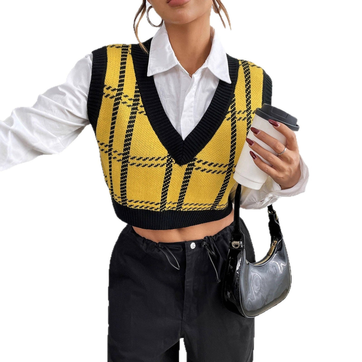 Plaid Sweater Vest with Black Ribbed V-Neck, Cropped Knit Tank Top