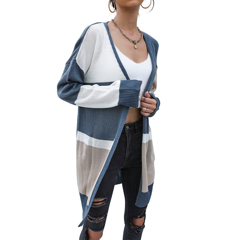 Color Block Open-Front Cardigan with Dropped Shoulders, Longline