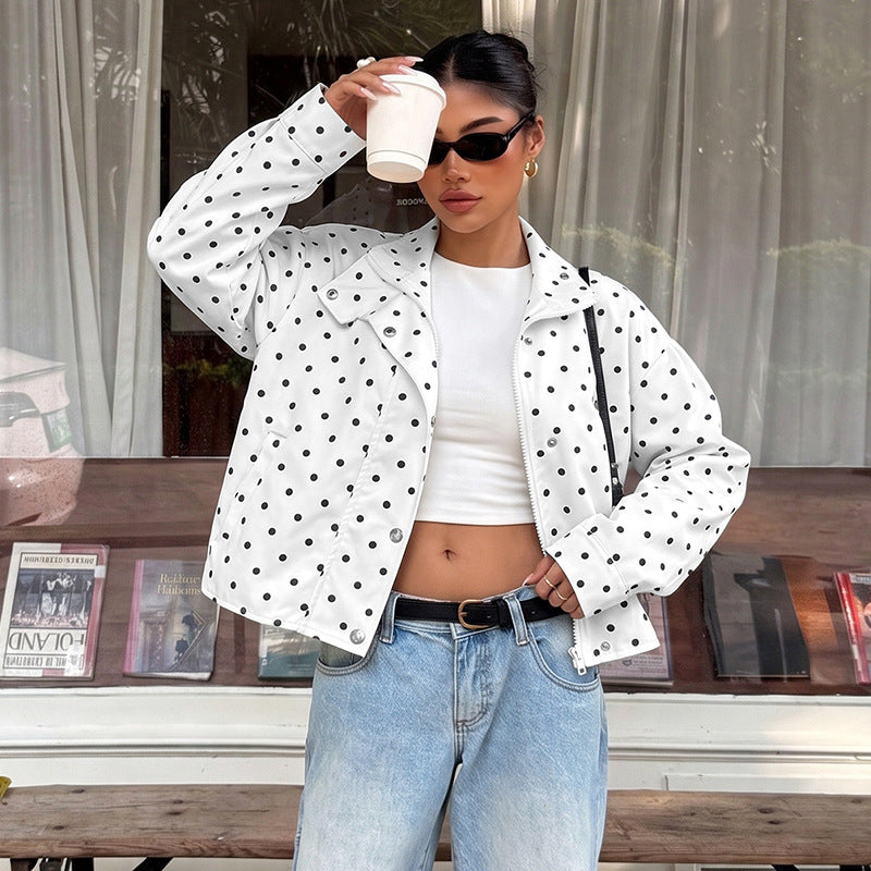 White Polka Dot Jacket with Zip Front and Snap Placket, Cropped