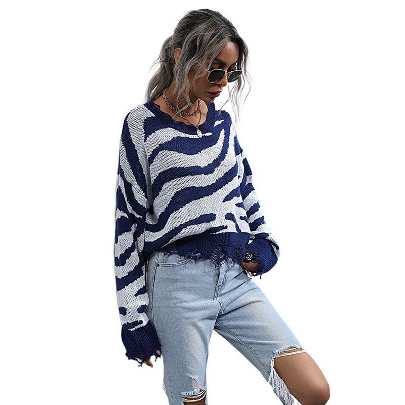 Zebra Stripe Cropped Sweater with Frayed Hem, Women's Jumper