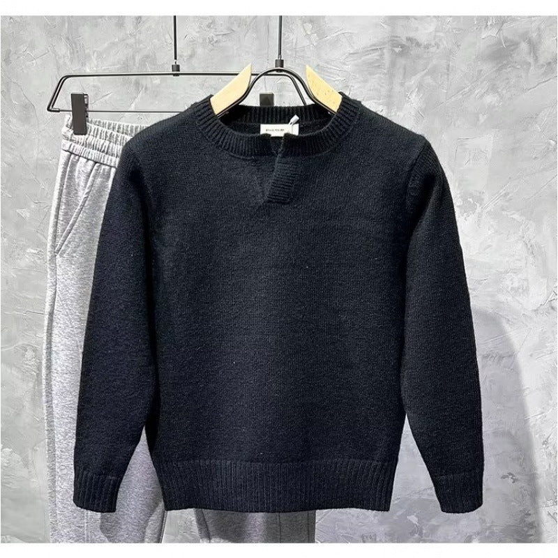 Notch Neck Knit Sweater with Ribbed Hem, Unisex Crew Jumper