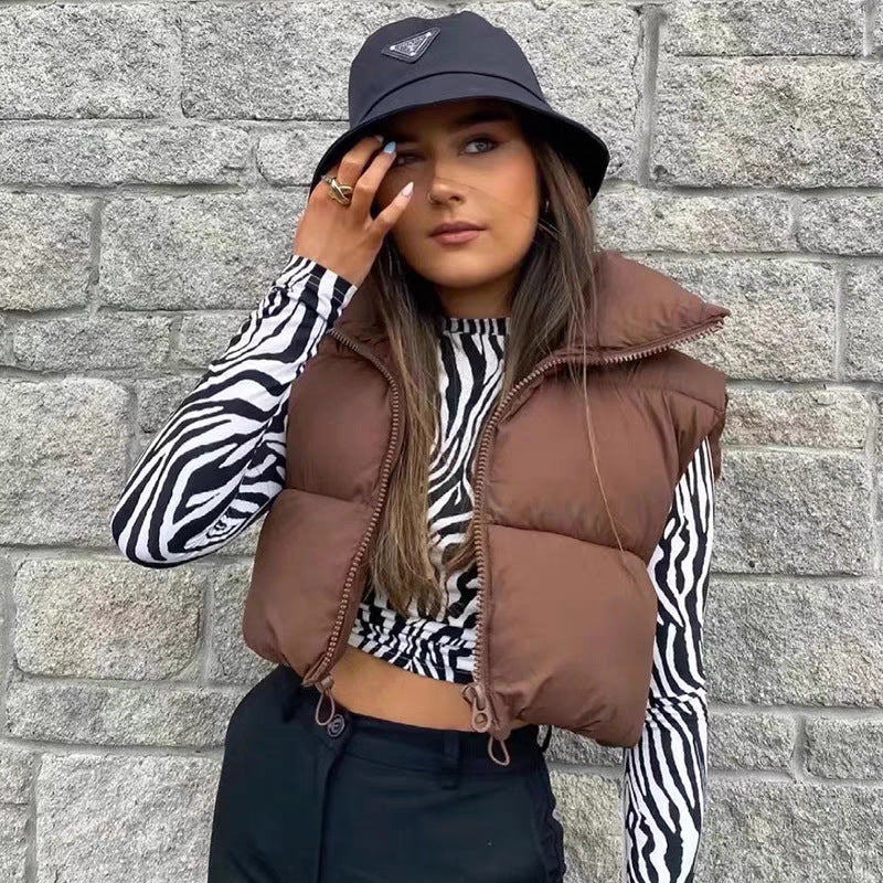 Cropped Puffer Vest with Stand Collar and Drawcord Hem, Women's Gilet