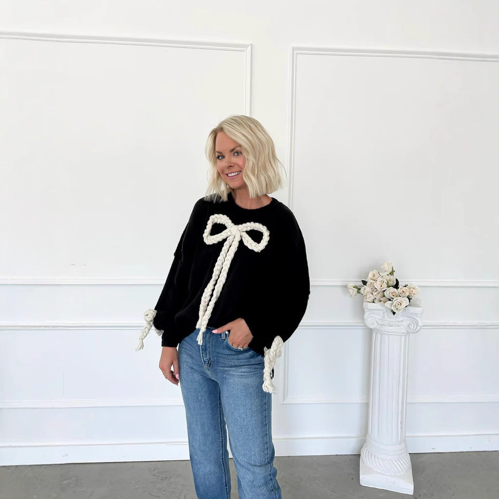 Braided Bow Knit Sweater with Tie Cuffs, Women's Jumper