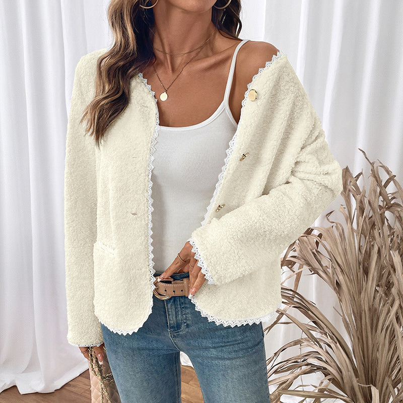 Off-White Fleece Cardigan Jacket with Lace Trim and Gold Buttons
