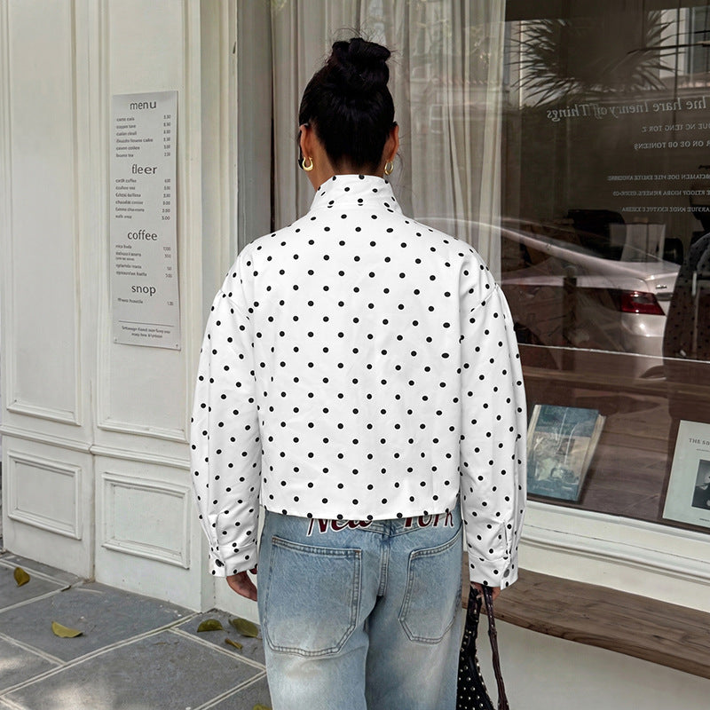 White Polka Dot Jacket with Zip Front and Snap Placket, Cropped