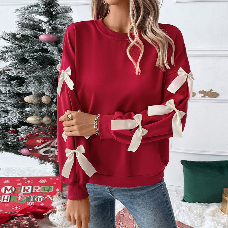 Bow Sleeve Sweatshirt with Satin Ribbon Bows, Women's Crew Neck