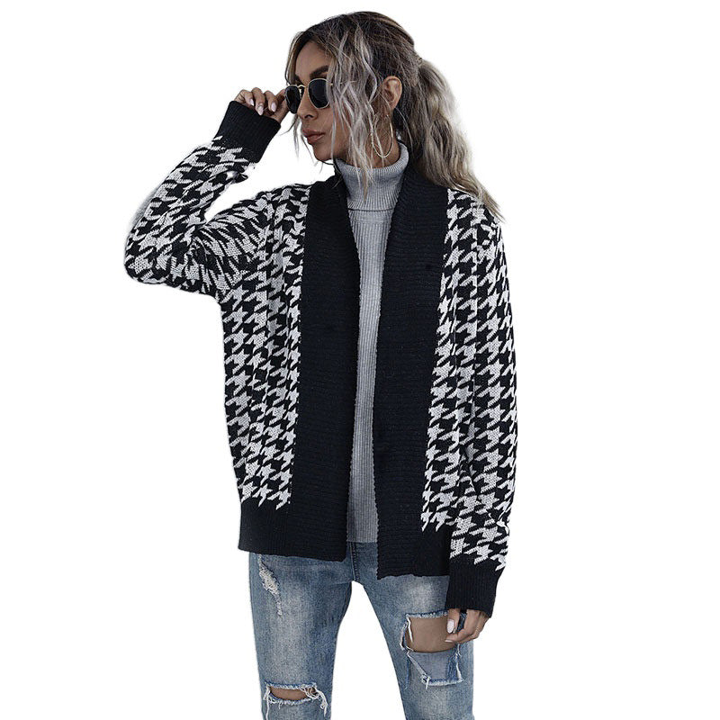 Houndstooth Knit Cardigan with Tie Belt, Open Front, Black and White
