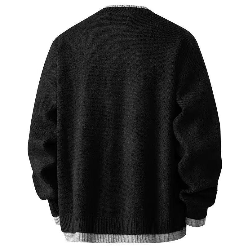 Men's Knit Cardigan with Contrast Rib Trim, Crew Neck Button-Up