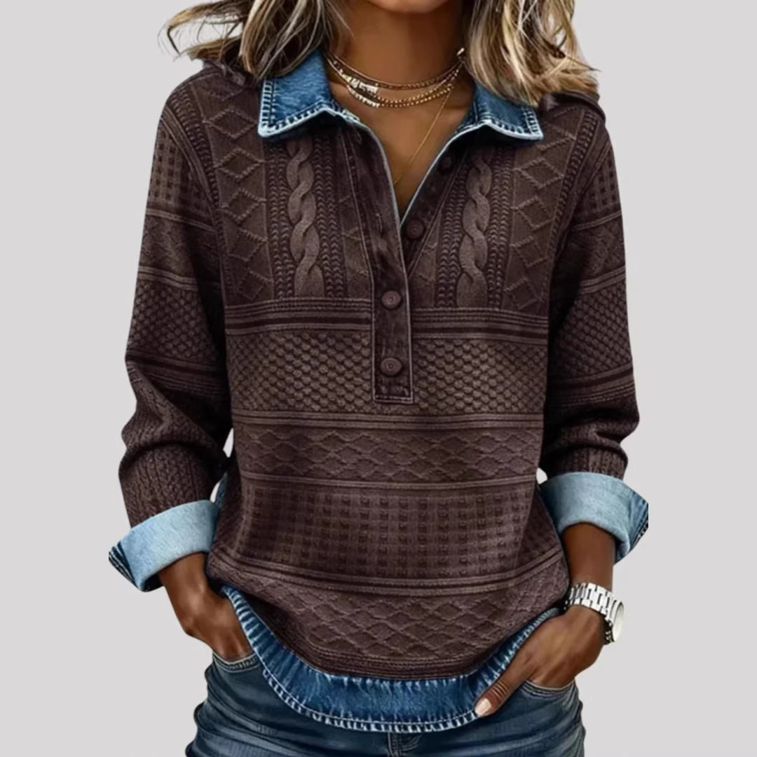 Knit-Look Half-Button Pullover with Denim-Look Collar and Cuffs
