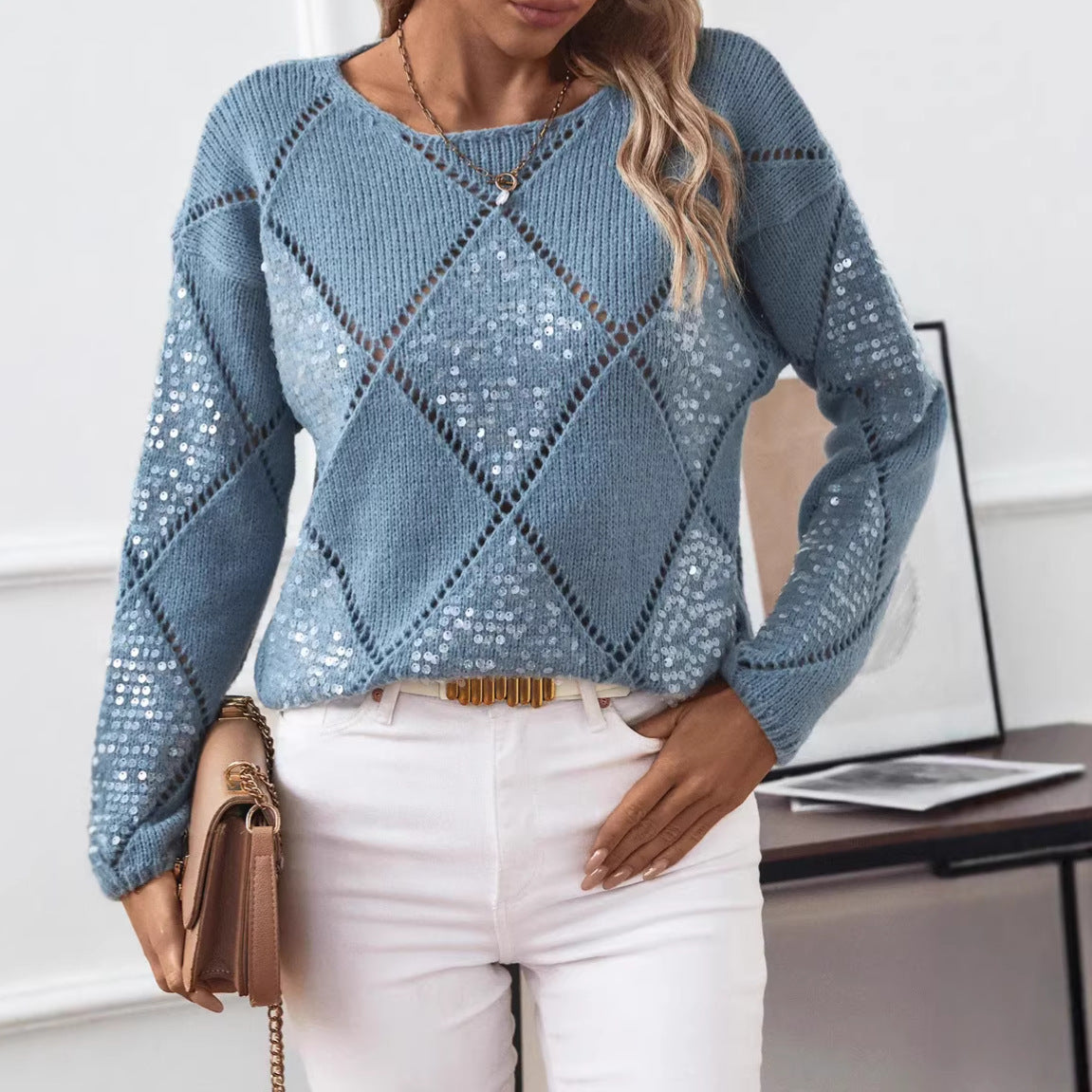 Sequin Argyle Sweater with Pointelle Diamonds, Women's Jumper