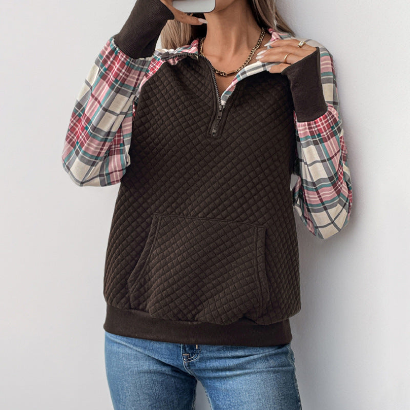 Quilted Quarter-Zip Sweatshirt with Plaid Sleeves and Stand Collar