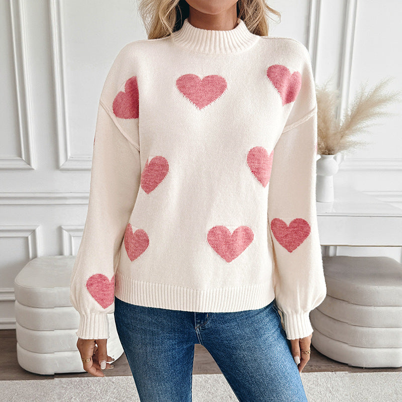 Light Pink Heart Sweater with Mock Neck and Balloon Sleeves, Jumper