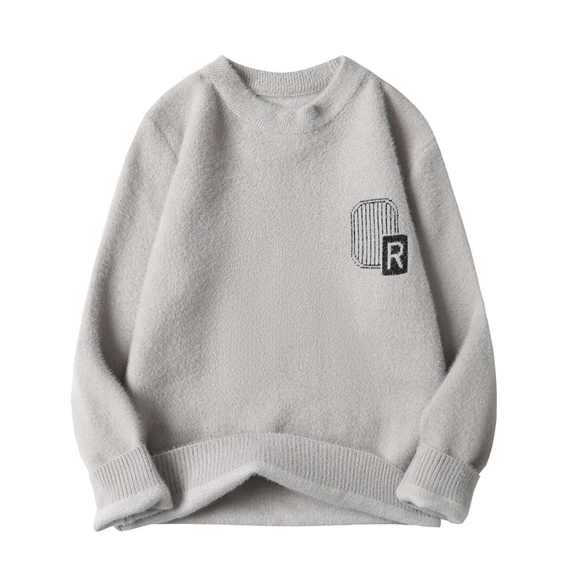 Fuzzy Knit Crew Neck Sweater with Chest Motif, Unisex Jumper
