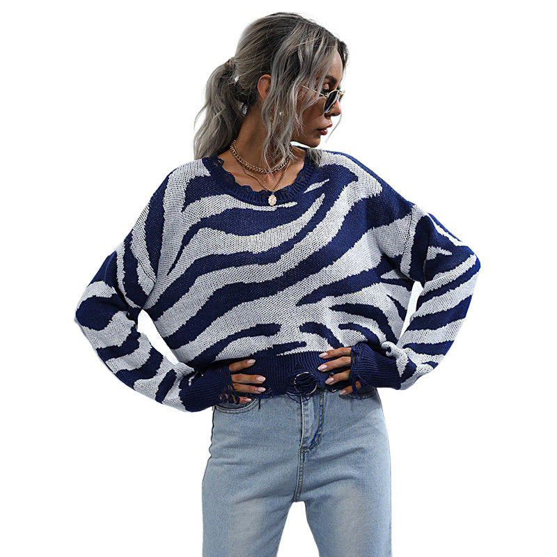 Zebra Stripe Cropped Sweater with Frayed Hem, Women's Jumper